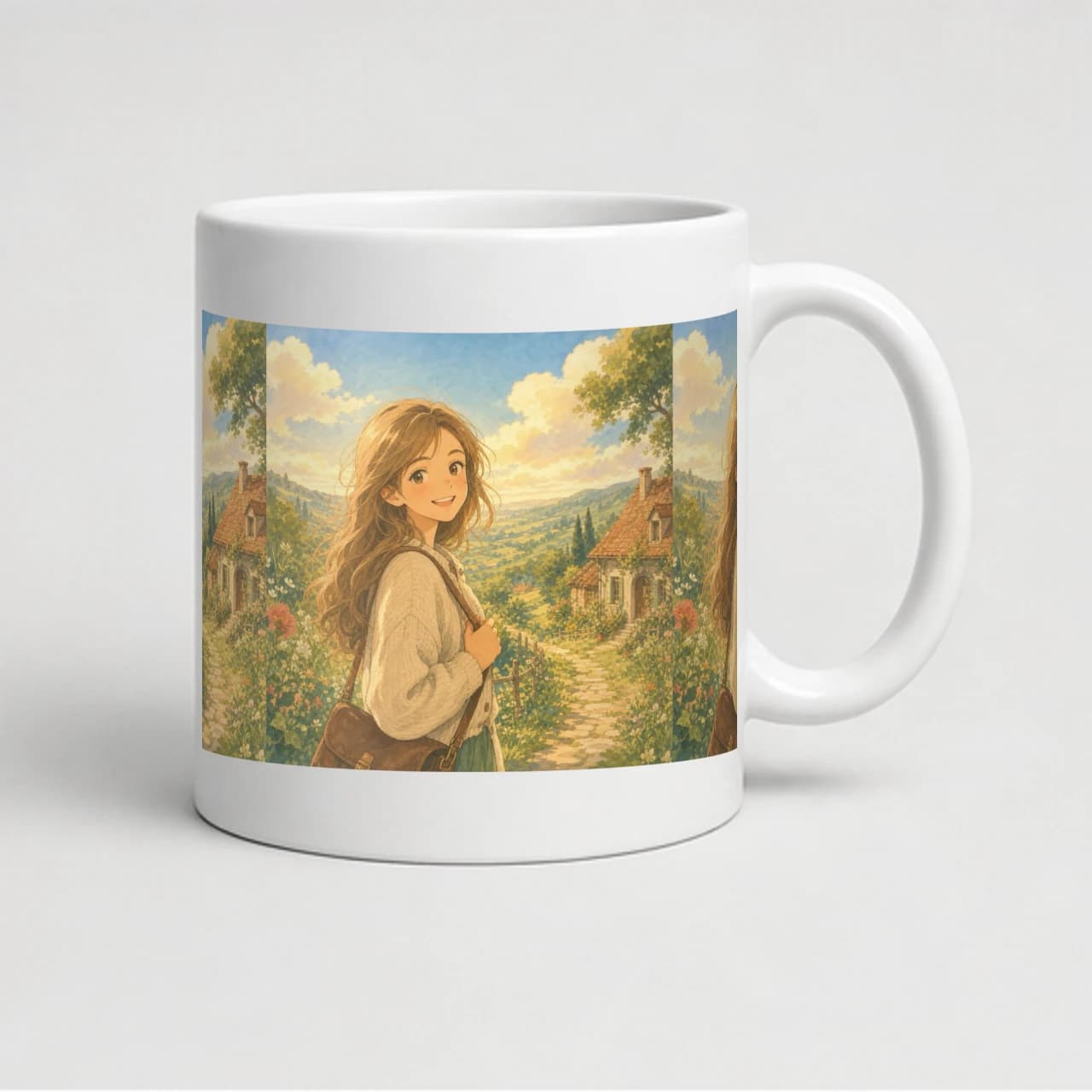 White ceramic mug printed with a demonstration soft animated storybook portrait
