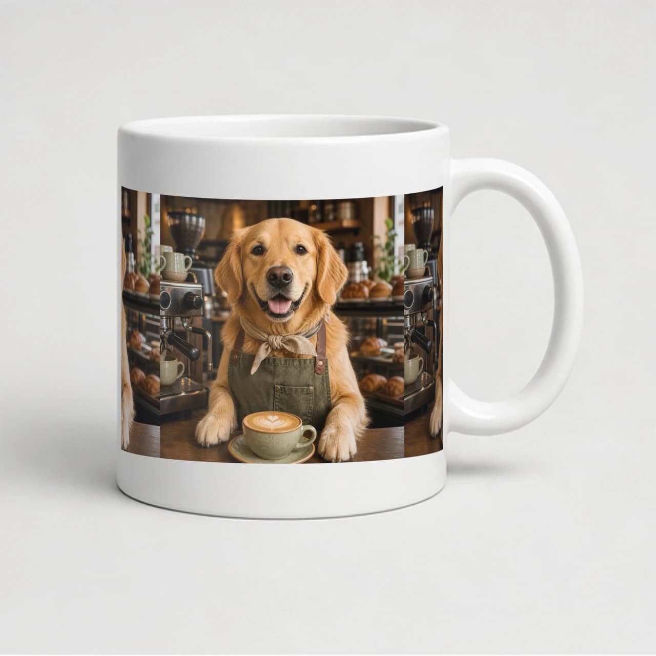 White ceramic mug with a demonstration pet barista portrait printed on its curved surface