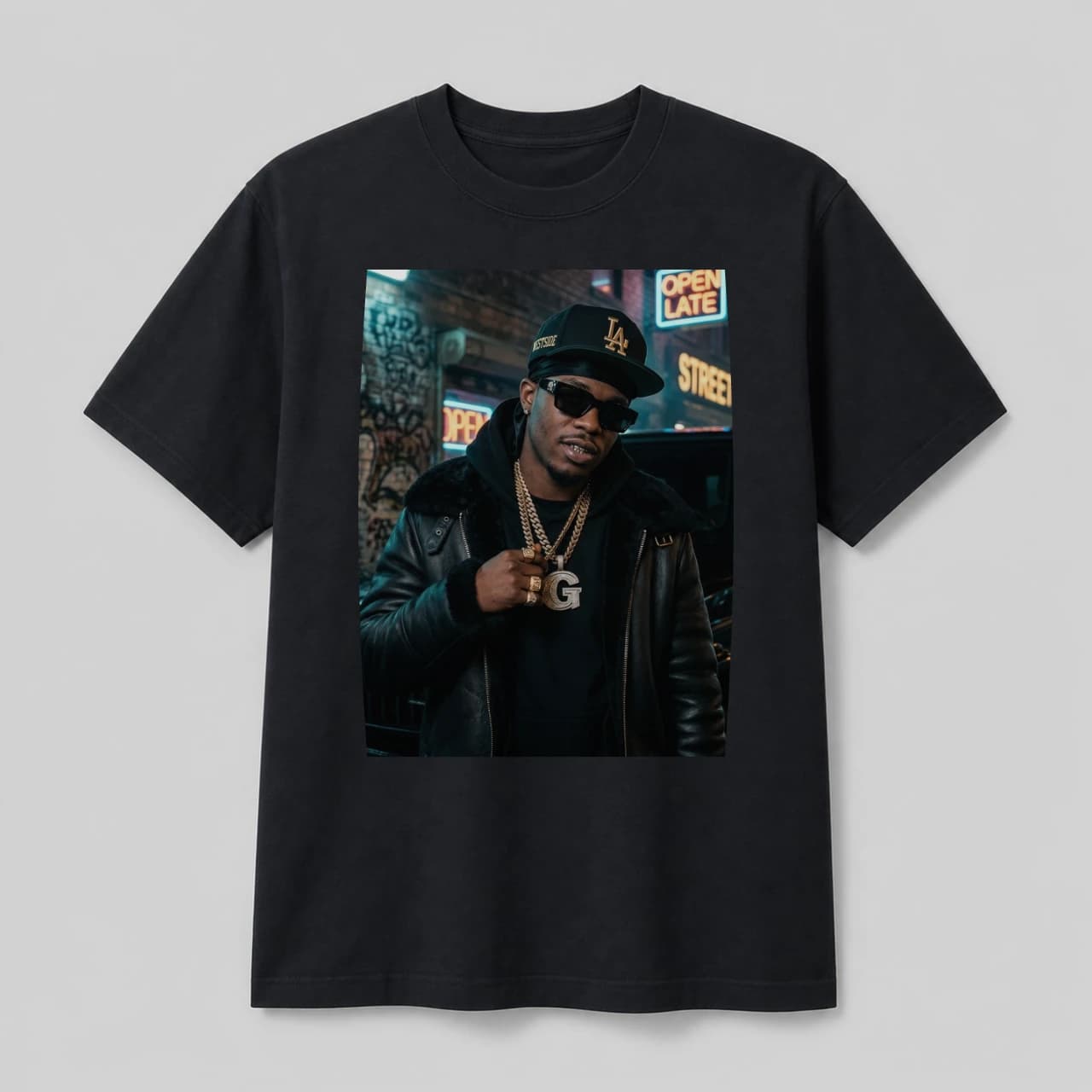 Black t-shirt with a fictional rapper character portrait printed on the chest