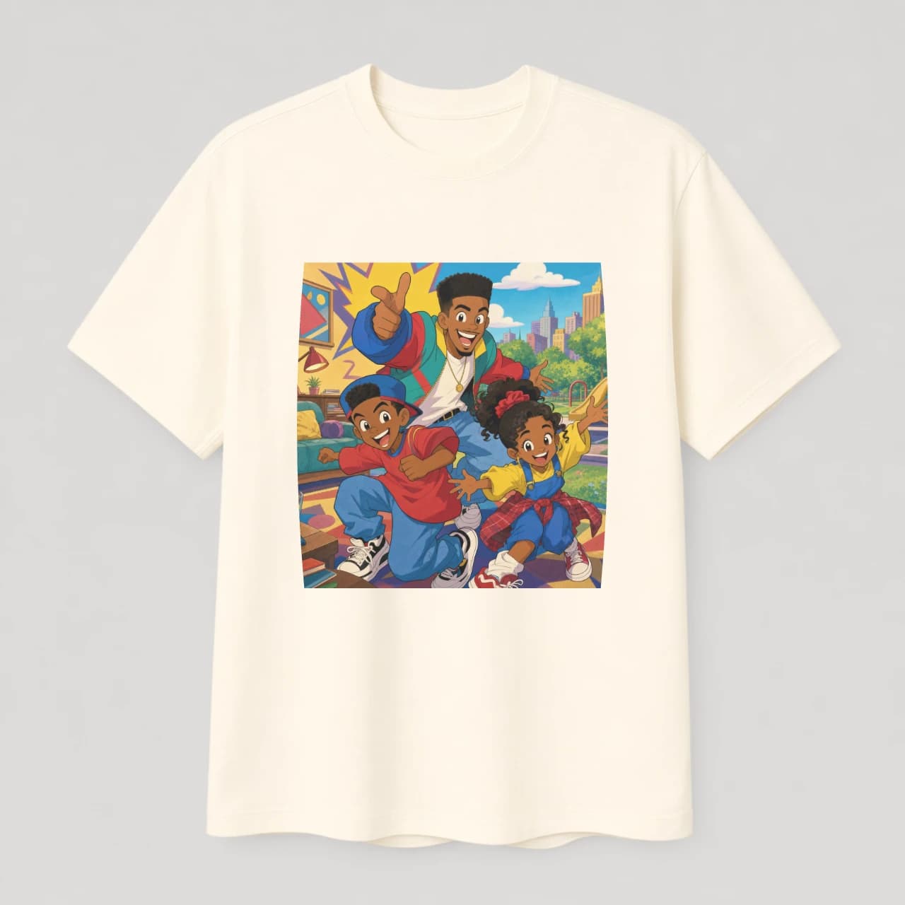 Ivory t-shirt with a demonstration family scene drawn as original retro cartoon characters