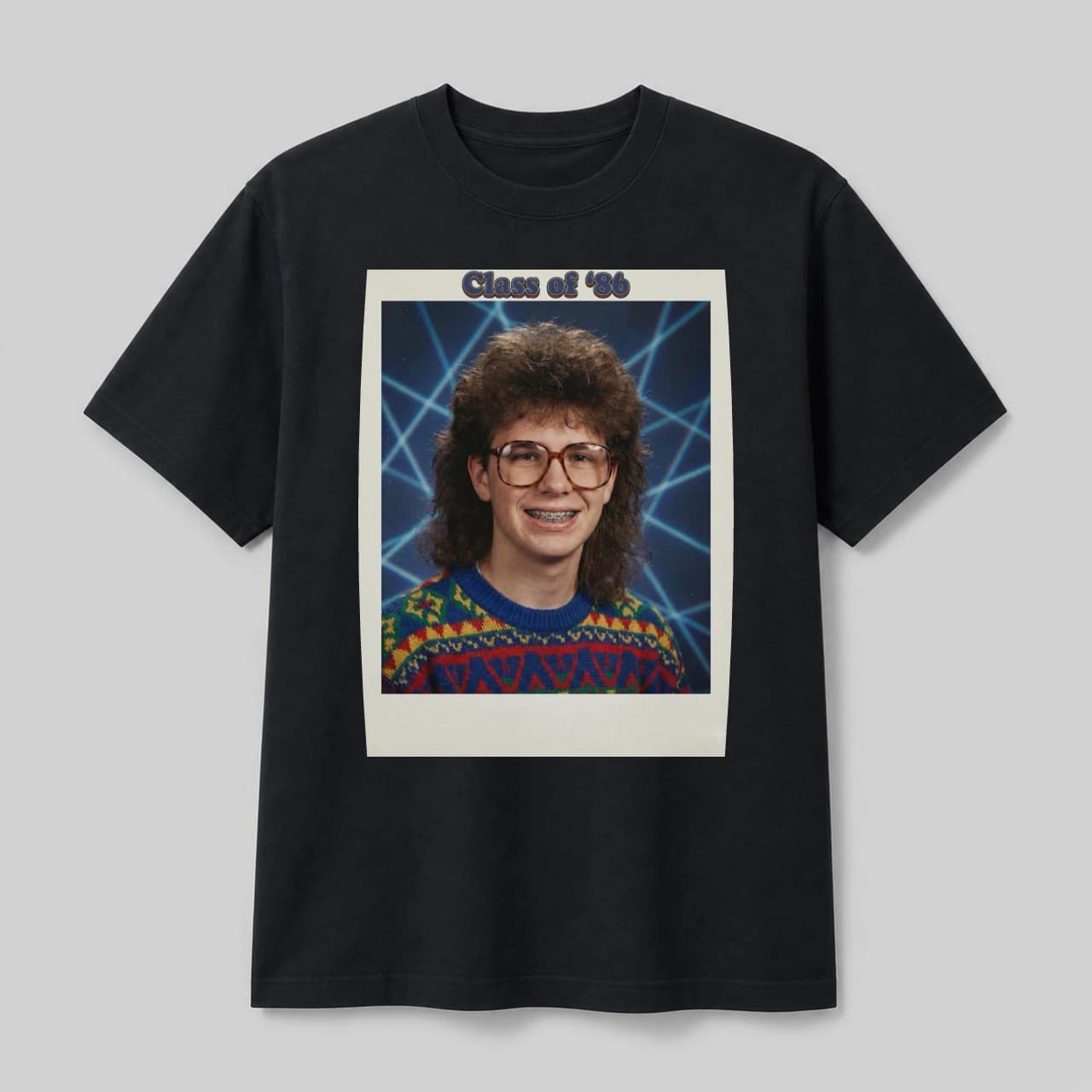 Black cotton t-shirt with an illustrative 80s yearbook portrait chest print