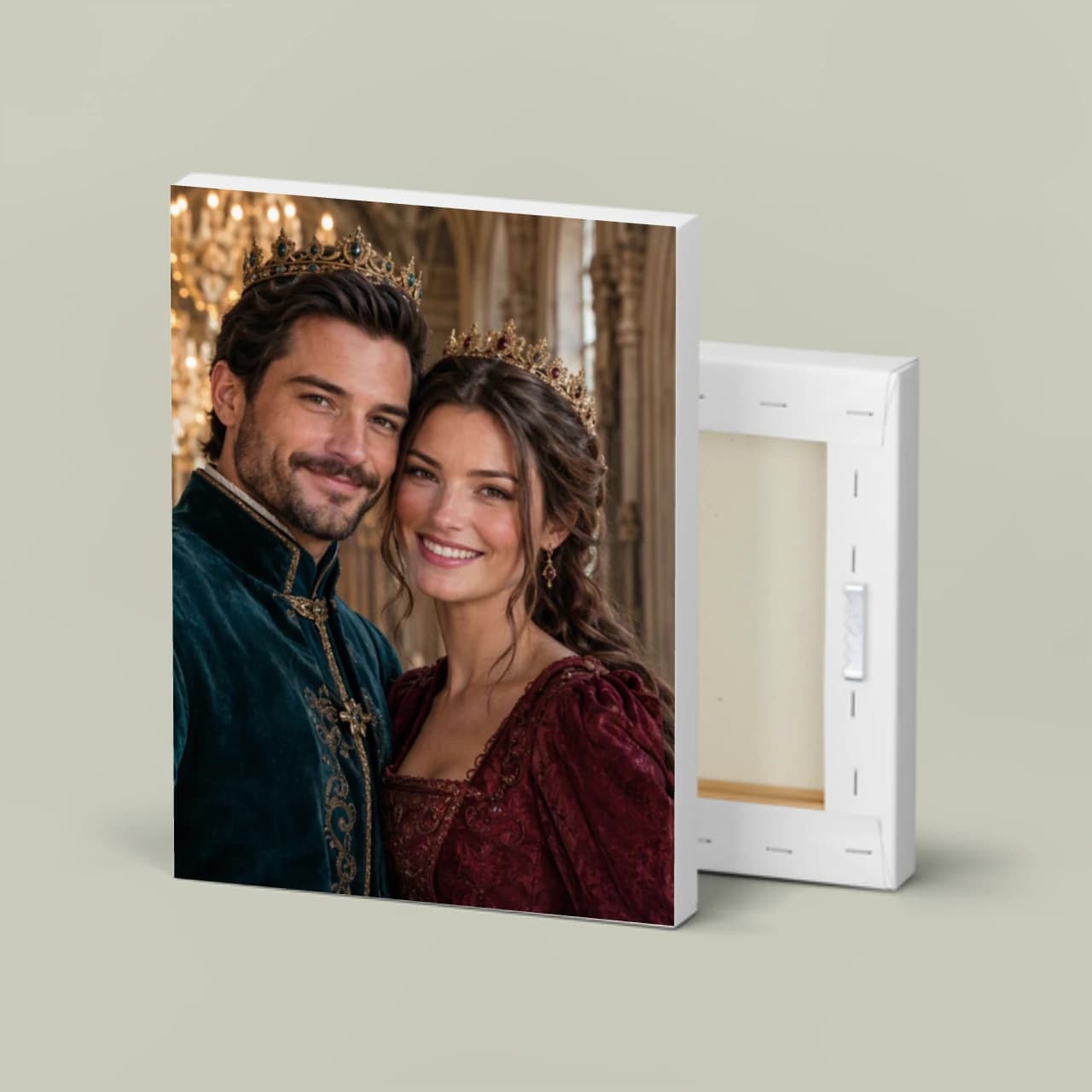 Matte stretched canvas presenting a fictional couple in a regal portrait setting