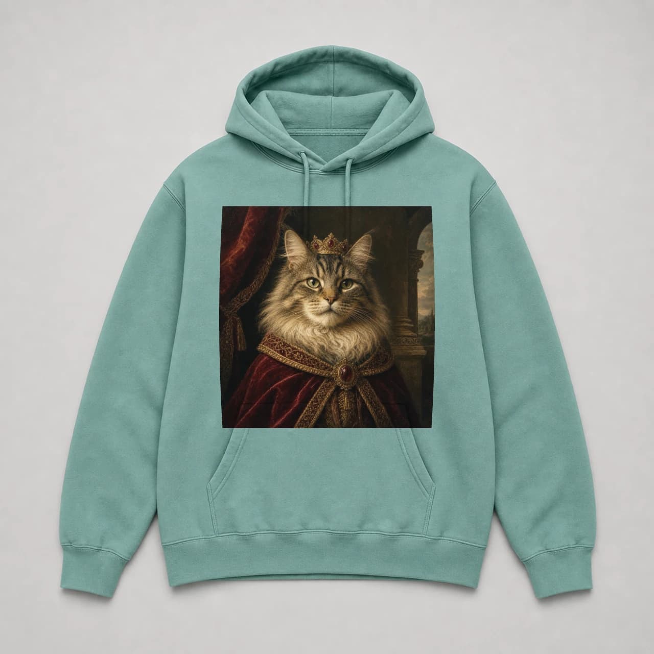 Seafoam hoodie with an illustrative royal cat portrait printed on the chest