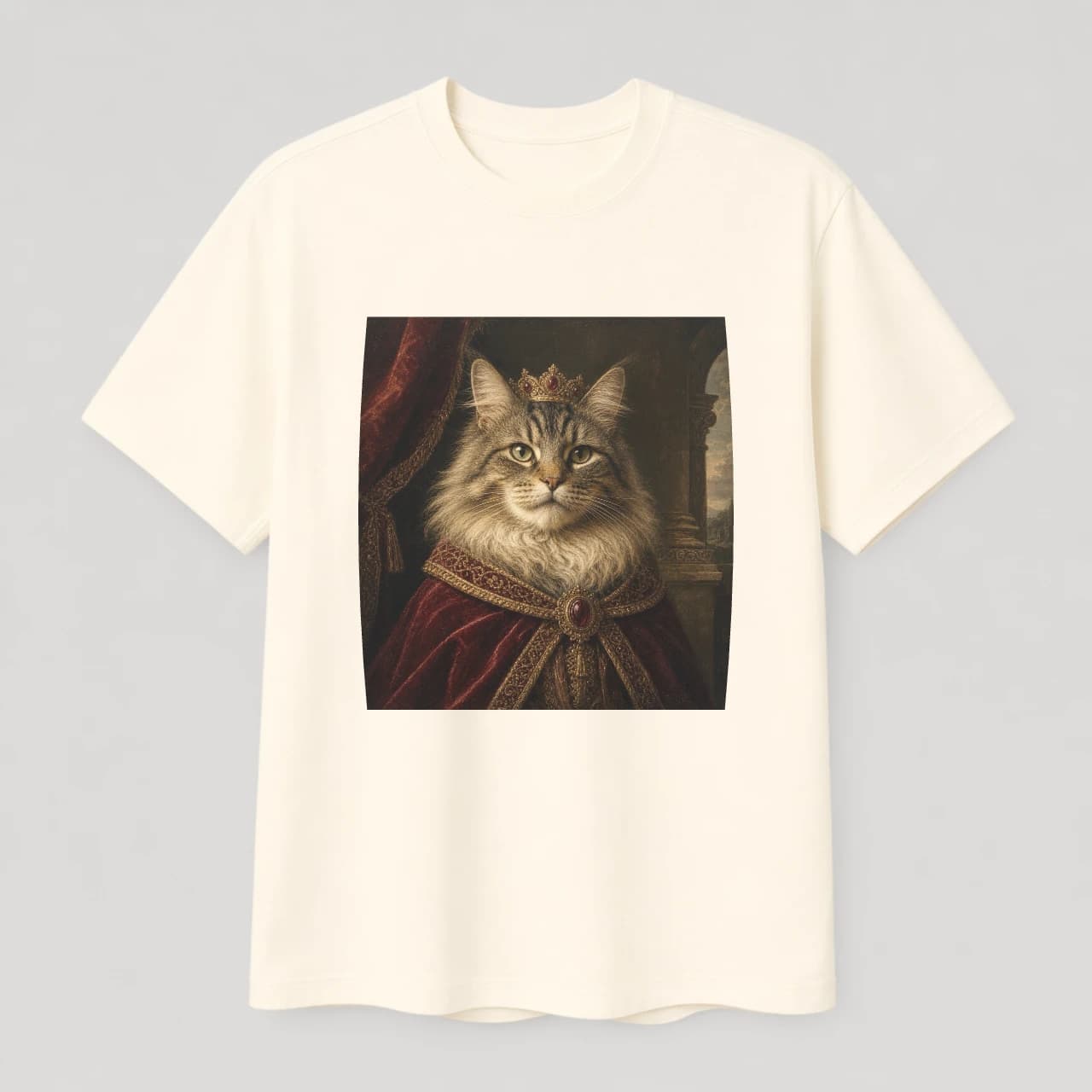 Ivory t-shirt displaying a demonstration royal cat portrait on the chest
