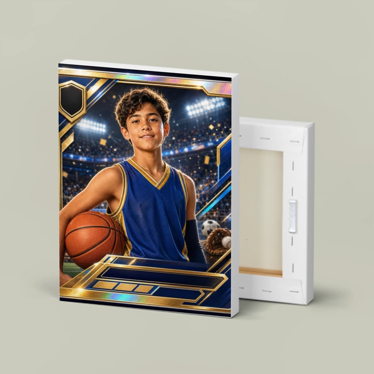 Stretched matte canvas with a fictional athlete in a sports card-inspired portrait composition
