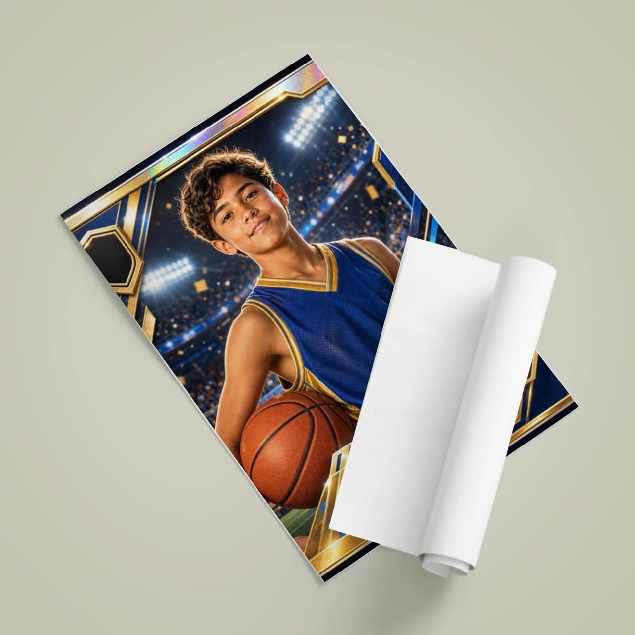 Matte vertical poster displaying fictional athlete portrait artwork with sports card-style borders