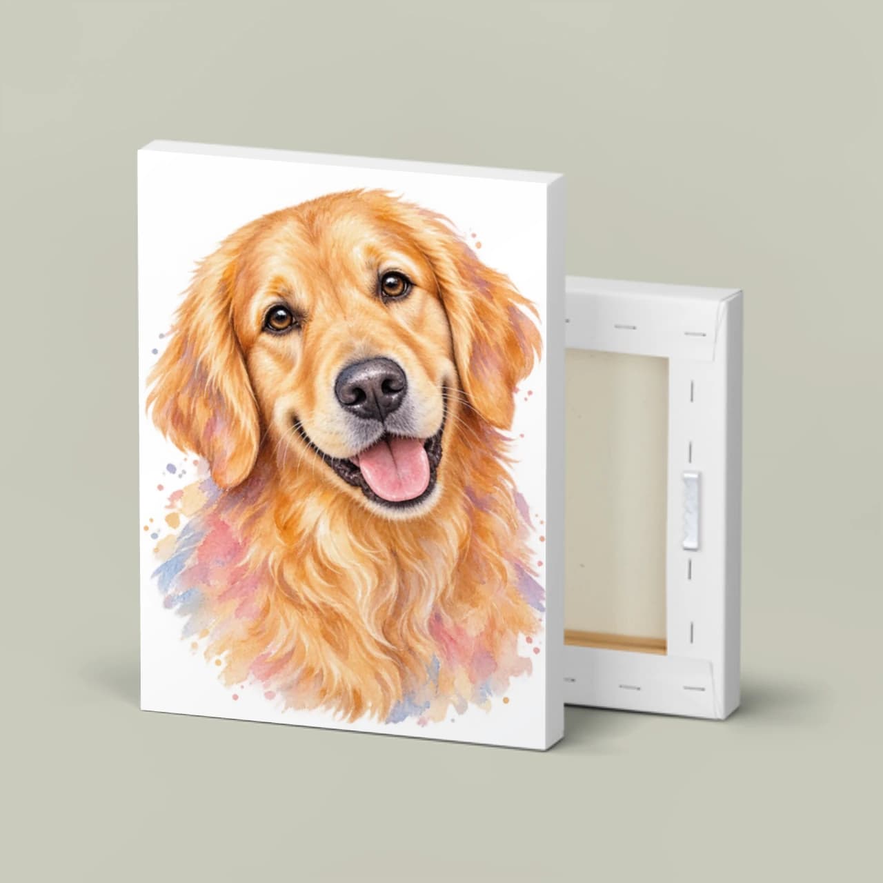 Matte stretched canvas displaying a soft pastel watercolor demonstration pet portrait