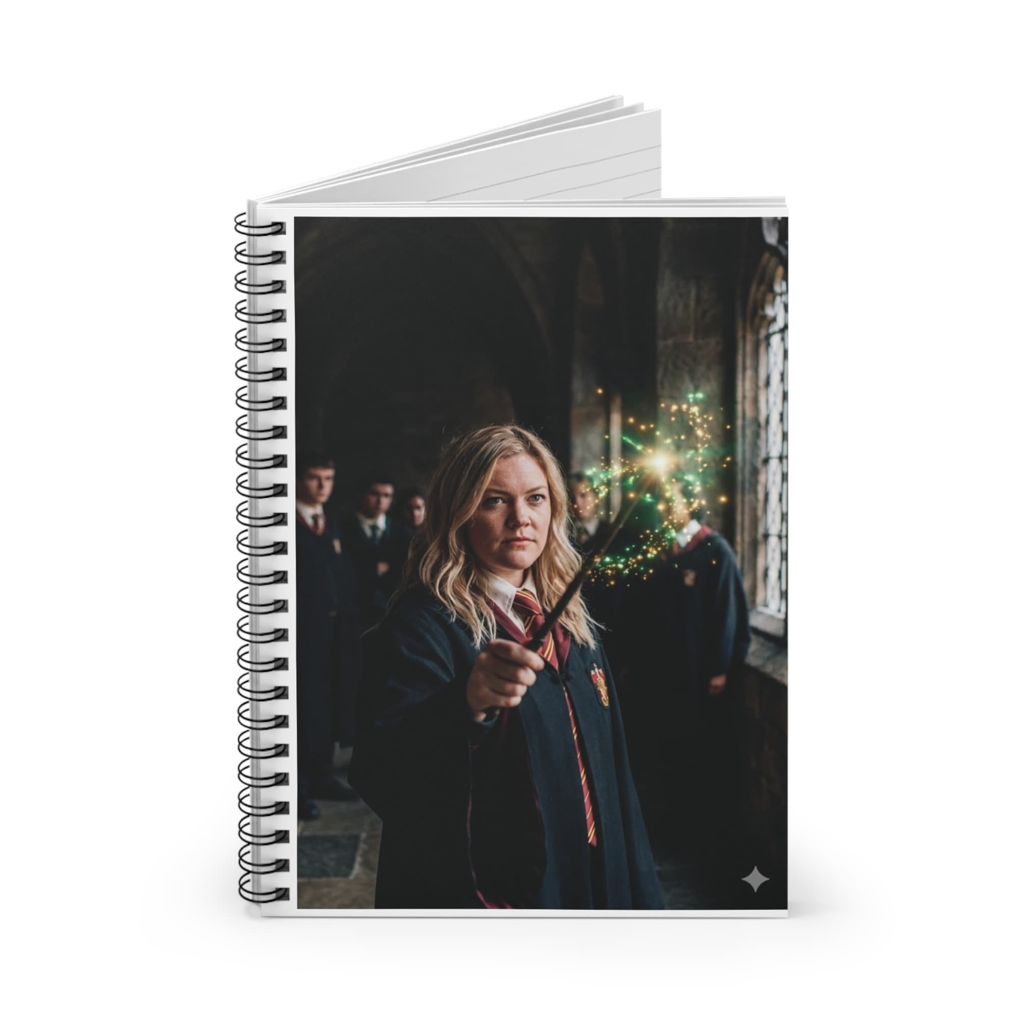 Spiral notebook printed with the fantasy academy AI artwork