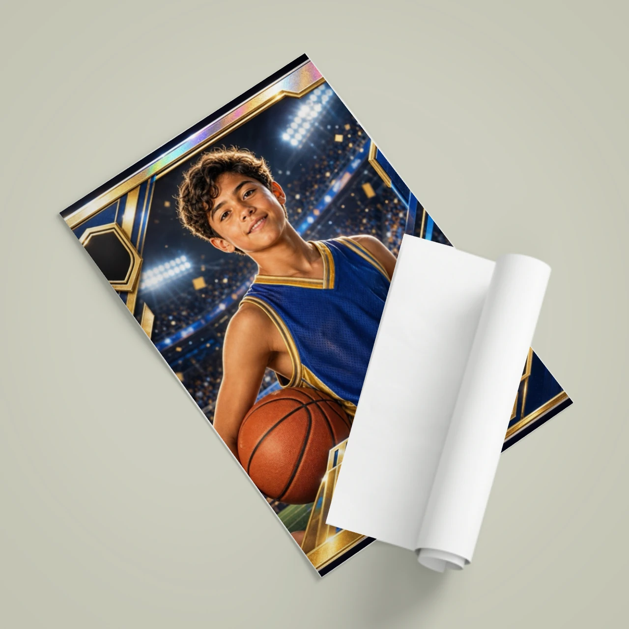 Matte vertical poster displaying fictional athlete portrait artwork with sports card-style borders