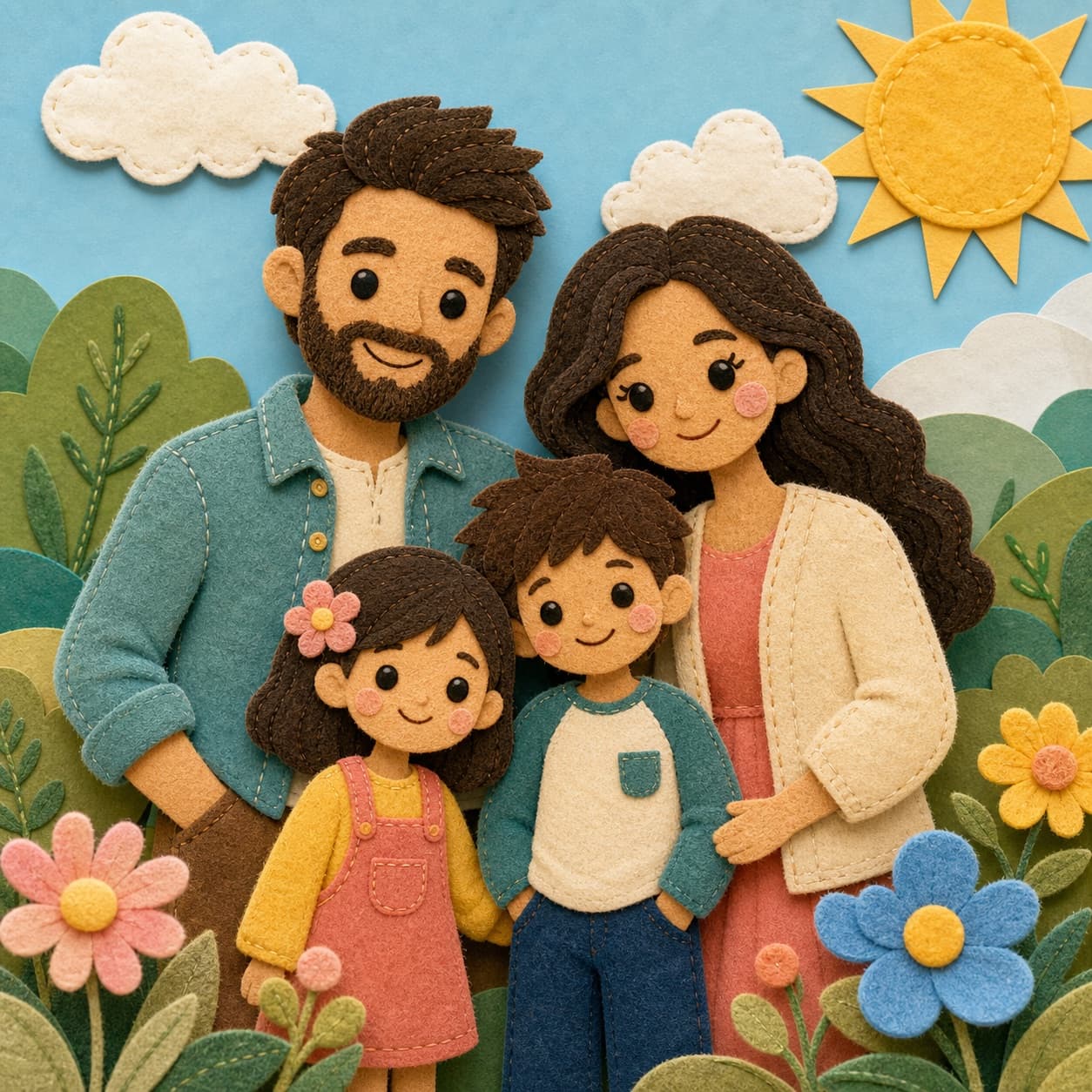 A handmade-looking portrait with soft felt charm.