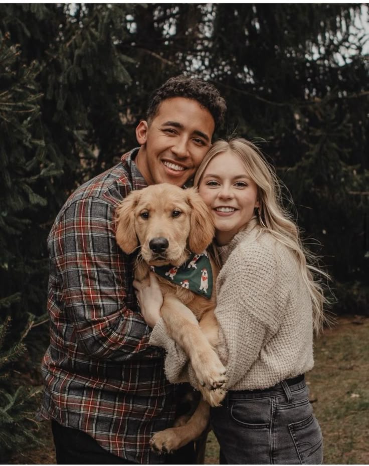 A happy couple with their dog, ready to be cartoonified.